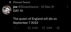 May be an image of text that says 'Pinned Tweet joe @DJoeetheone 10 Dec2 DAY 10 The queen of England will die on September 7 2022 6,105 5,878'