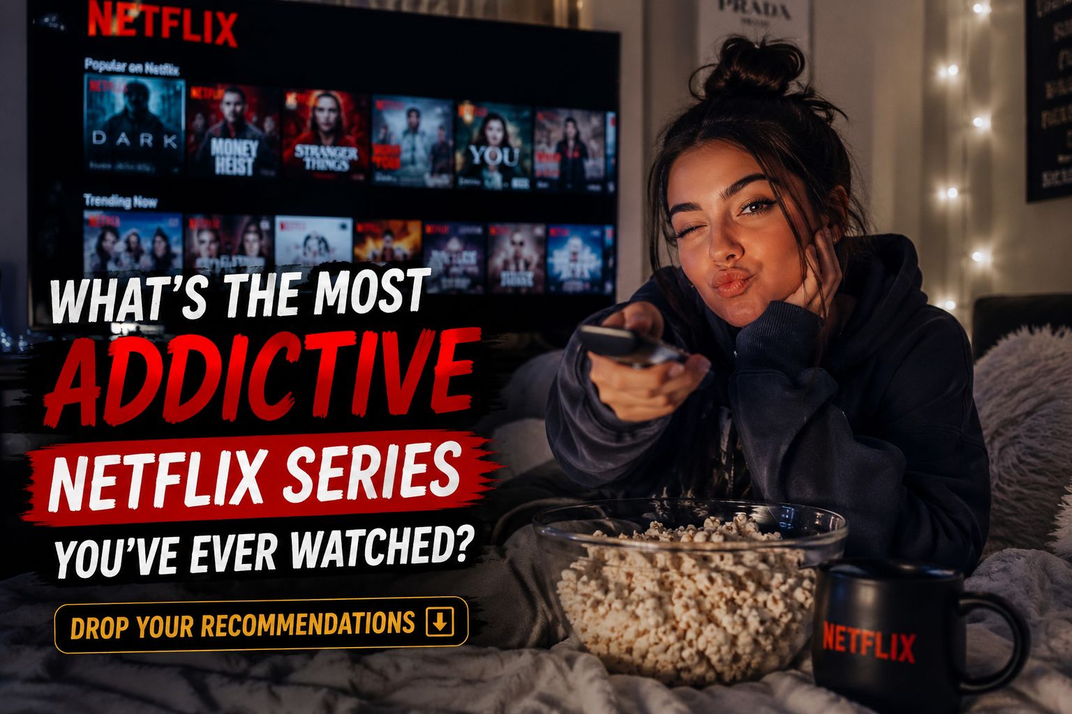 May be an image of television and text that says 'NETFLIX OF on Netlle DARK MONEY HEIST Trending STRANGER THING ca WHAT'S THE MOST ADDICTIVE NETFLIX SERIES YOU'VE EVER WATCHED? DROP YOUR RECOMMENDATIONS NETFLI'