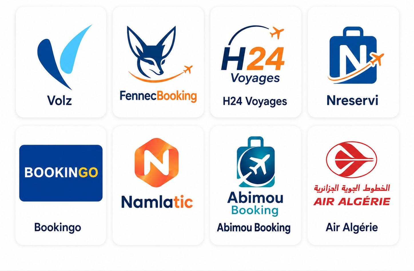 May be an image of text that says 'Volz H24 Voyages FennecBooking H24 Voyages NX Nreservi N Namlatic Bookingo الجزائرية الجوية الخطوط AIR ALGÉRIE Abimou Booking Abimou Booking Air Algérie'