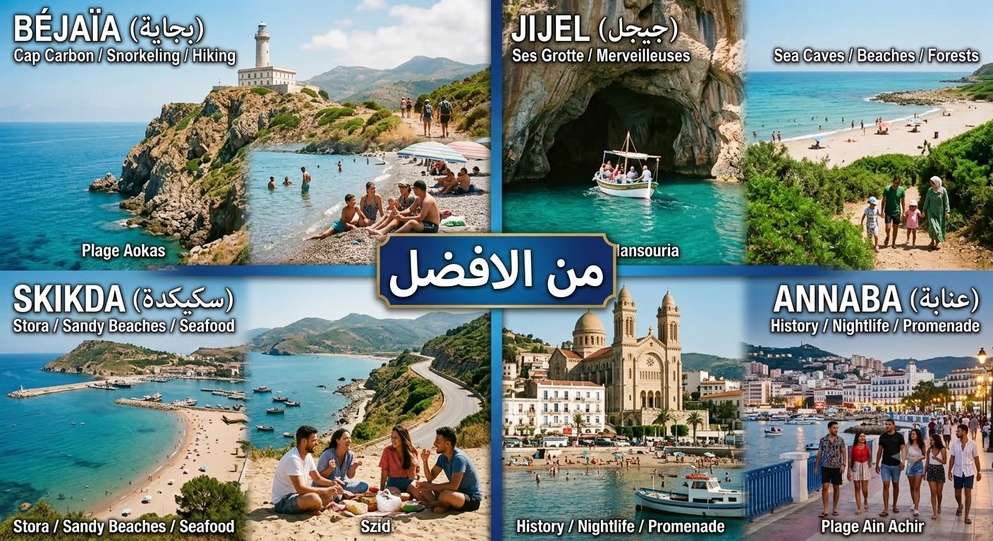 May be an image of Santorini and text that says 'BÉJAÏA (بجاية) Cap Carbon/ Carbon/Snorkeling/Hiking Snorkeling Hiking JIJEL (جيجل) Ses Grotte SeGrotte/Merveilleuses Merveilleuses Sea Caves eaCaves/Beaches/Forests Beaches Plage Aokas SKIKDA (سكبكدة) Stora Sandy Beaches/ Seafood الافضل من lansouria ANNABA (عنابة) History History/Nightife/Promenade Nightlife Promenade Stora Stora/SandyBeaches/Seafood Sandy Beaches Seafood Szid History History/Nightife/Promenade Nightlife Promenade Plage Ain Achir'