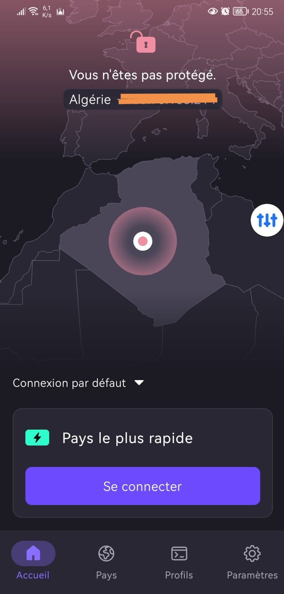 May be an illustration of text that says '6,1 s اظا 65 20:55 1 Vousn'étesasprotége. Vous n'êtes pas protégé. Algérie tht Connexion Connexionpardéfaut par défaut Pays le plus rapide Se connecter Accueil Pays Profils Paramètres'